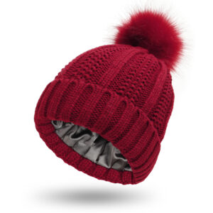 Winter Knitted Hats Fashion Stretchy Lined Skull Hats For Women Faux Fur Pom Pom Hat Keep Warming Beanie Hat - Wine Red, One size